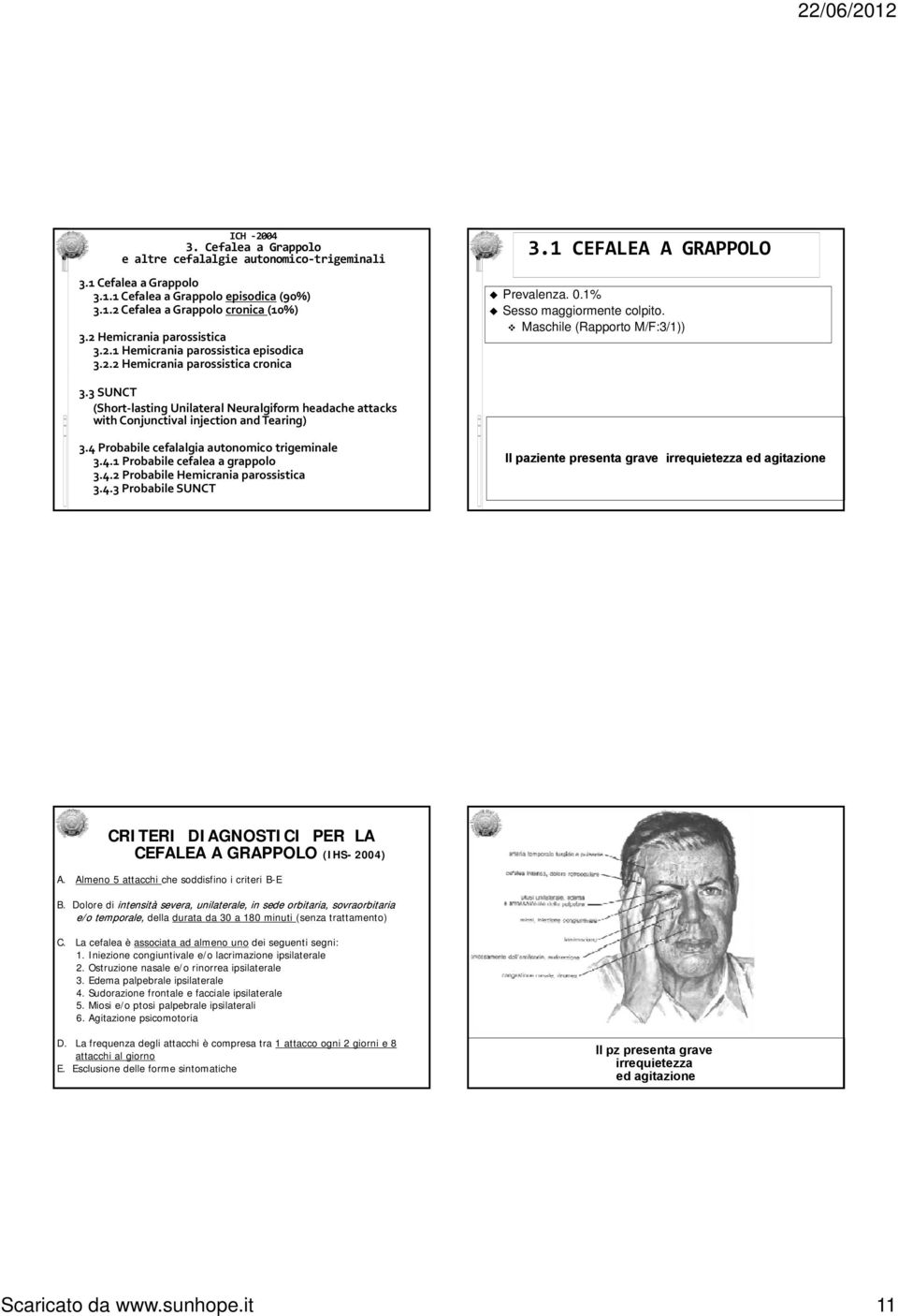 Maschile (Rapporto M/F:3/1)) 3.3 SUNCT (Short lasting Unilateral Neuralgiform headache attacks with Conjunctival injection and Tearing) 3.4 Probabile cefalalgia autonomico trigeminale 3.4.1 Probabile cefalea a grappolo 3.