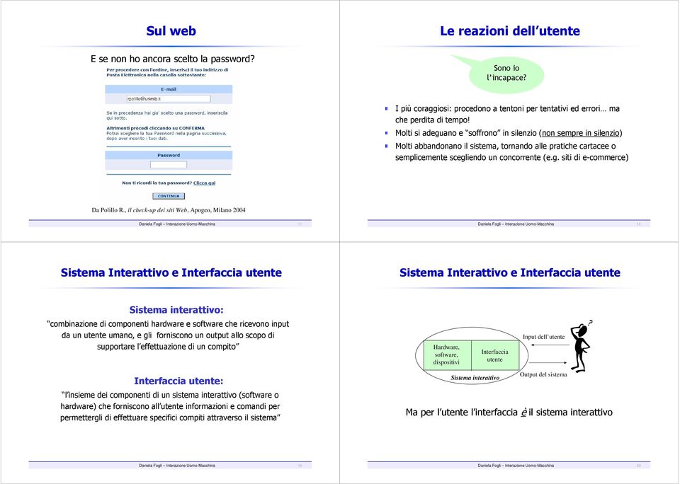 , il check-up dei siti Web, Apogeo, Milano 2004 Daniela Fogli Interazione Uomo-Macchina 17 Daniela Fogli Interazione Uomo-Macchina 18 Sistema Interattivo e Interfaccia utente Sistema Interattivo e