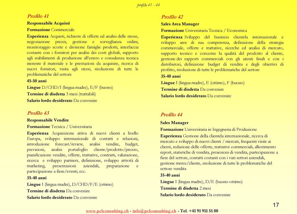 inerente il materiale e le prestazioni da acquisire, ricerca di nuovi fornitori, visita agli stessi, risoluzione di tutte le problematiche del settore 45-50 anni Lingue D/CHD/I (lingua madre), E/F