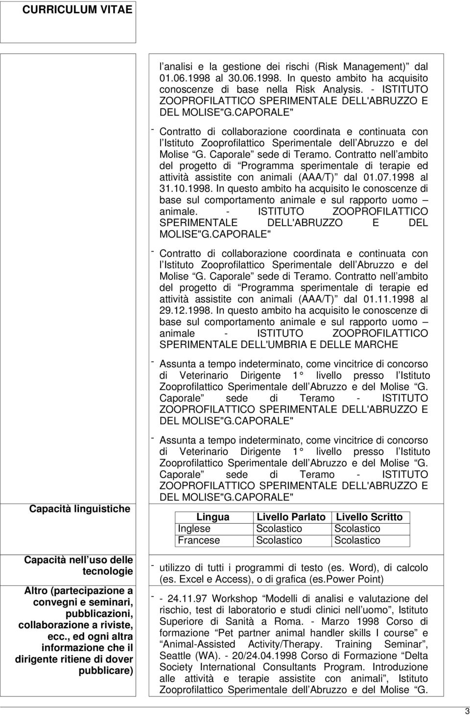 al 31.10.1998. In questo ambito ha acquisito le conoscenze di base sul comportamento animale e sul rapporto uomo animale. - ISTITUTO ZOOPROFILATTICO SPERIMENTALE DELL'ABRUZZO E DEL MOLISE"G.