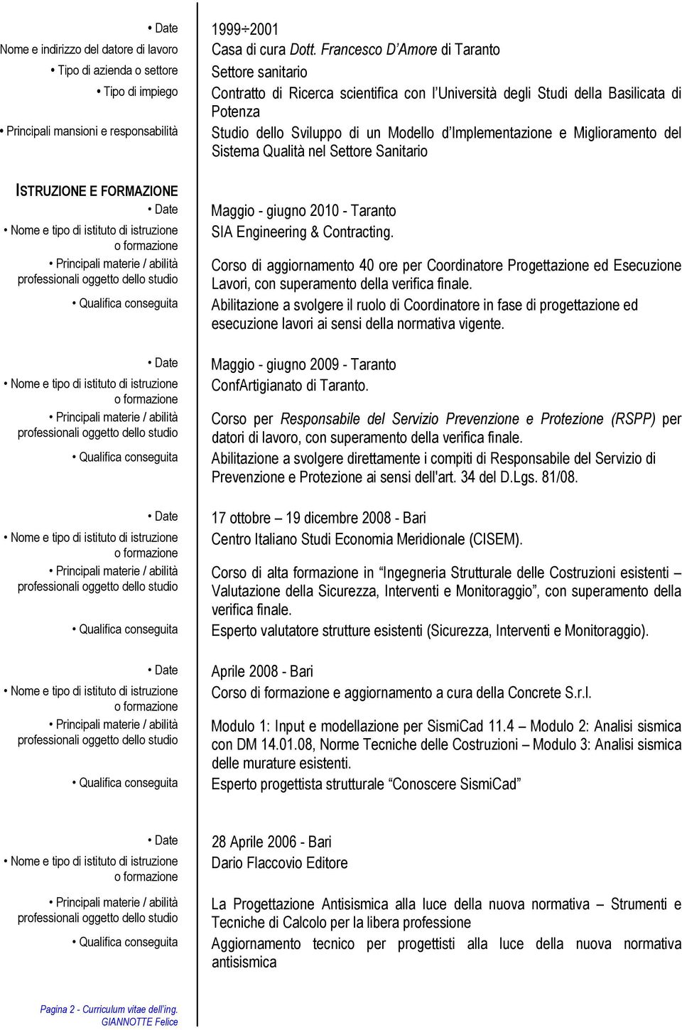 Miglioramento del Sistema Qualità nel Settore Sanitario ISTRUZIONE E FORMAZIONE Date Nome e tipo di istituto di istruzione o formazione Principali materie / abilità professionali oggetto dello studio