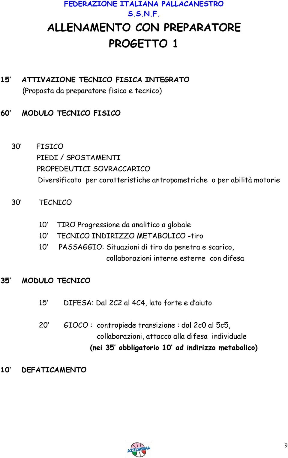 TECNICO INDIRIZZO METABOLICO -tiro 10 PASSAGGIO: Situazioni di tiro da penetra e scarico, collaborazioni interne esterne con difesa 35 MODULO TECNICO 15 DIFESA: Dal 2C2 al