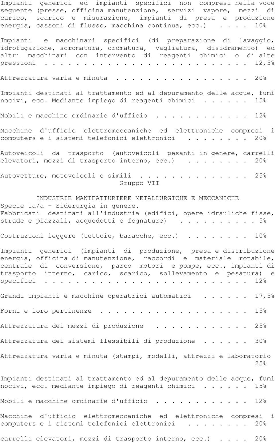 ... 10% Impianti e macchinari specifici (di preparazione di lavaggio, idrofugazione, scromatura, cromatura, vagliatura, disidramento) ed altri macchinari con intervento di reagenti chimici o di alte