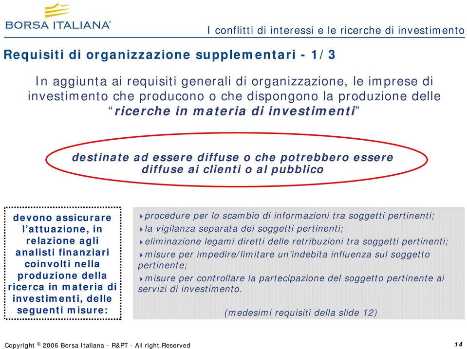 relazione agli analisti finanziari coinvolti nella produzione della ricerca in materia di investimenti, delle seguenti misure: procedure per lo scambio di informazioni tra soggetti pertinenti; la