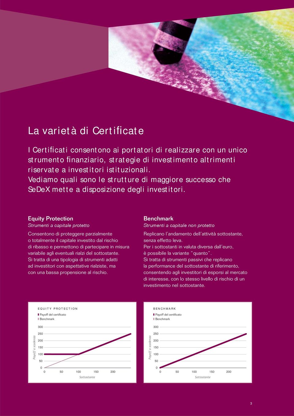 Equity Protection Strumenti a capitale protetto Consentono di proteggere parzialmente o totalmente il capitale investito dal rischio di ribasso e permettono di partecipare in misura variabile agli