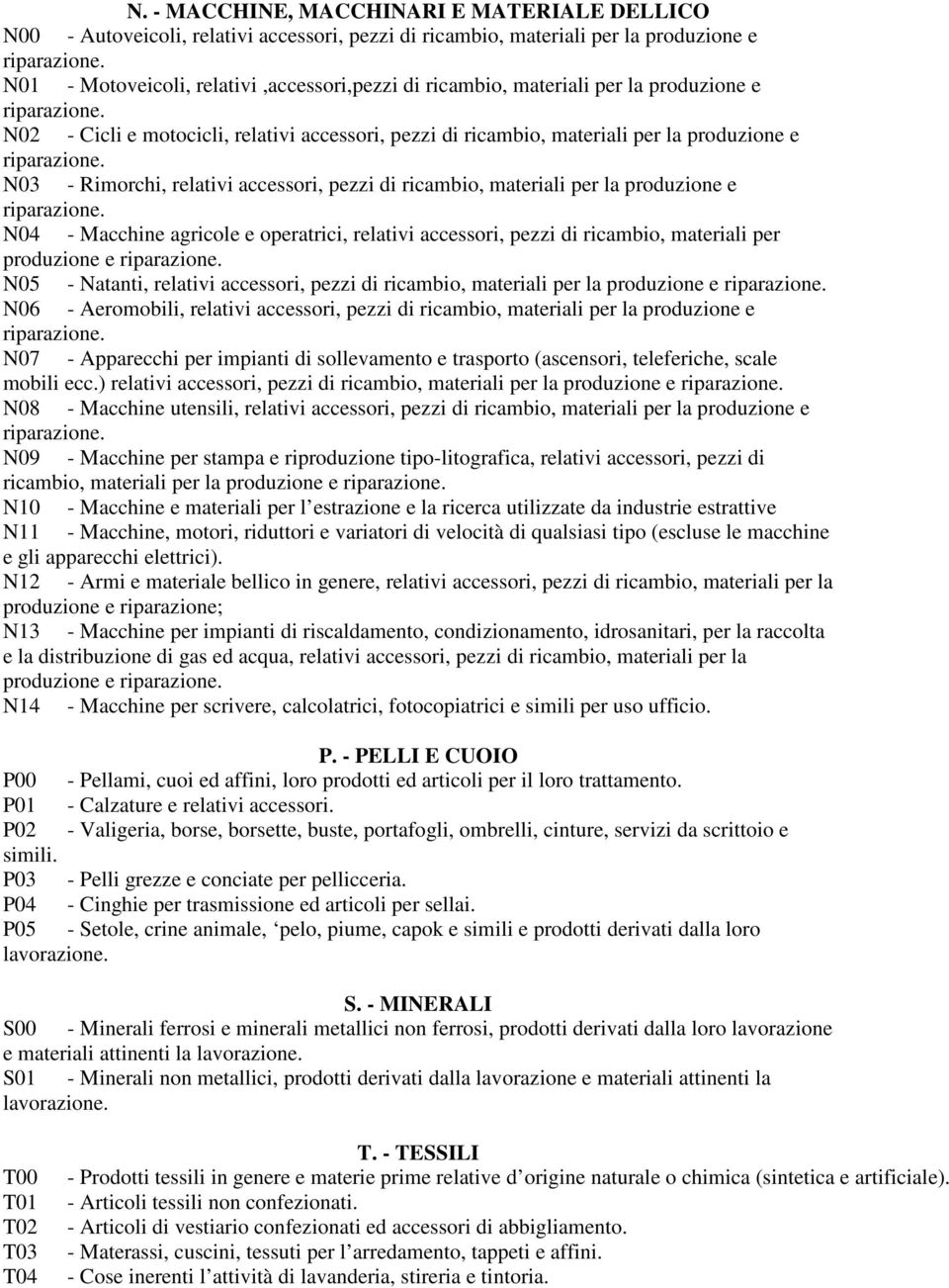 produzione e N04 - Macchine agricole e operatrici, relativi accessori, pezzi di ricambio, materiali per produzione e N05 - Natanti, relativi accessori, pezzi di ricambio, materiali per la produzione