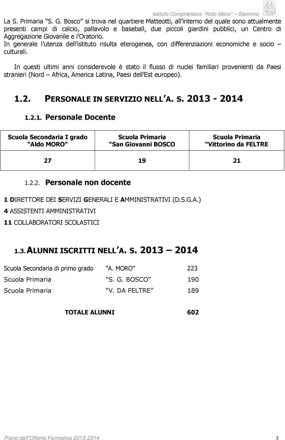 Oratorio. In generale l utenza dell istituto risulta eterogenea, con differenziazioni economiche e socio culturali.