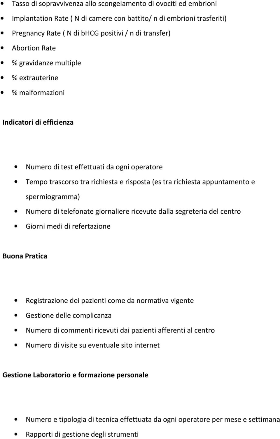 e spermiogramma) Numero di telefonate giornaliere ricevute dalla segreteria del centro Giorni medi di refertazione Buona Pratica Registrazione dei pazienti come da normativa vigente Gestione delle