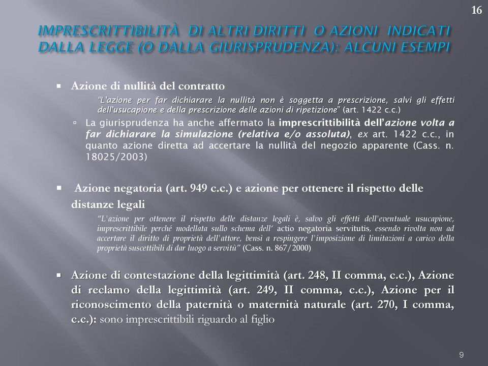 c., in quanto azione diretta ad accertare la nullità del negozio apparente (Cass. n. 18025/2003) Azione negatoria (art. 949 c.c.) e azione per ottenere il rispetto delle distanze legali L'azione per