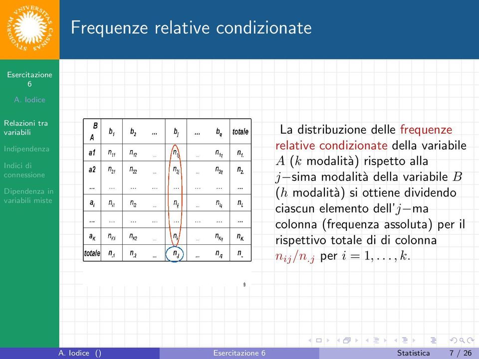 variabile B (h modalità) si ottiene dividendo ciascun elemento dell j ma colonna