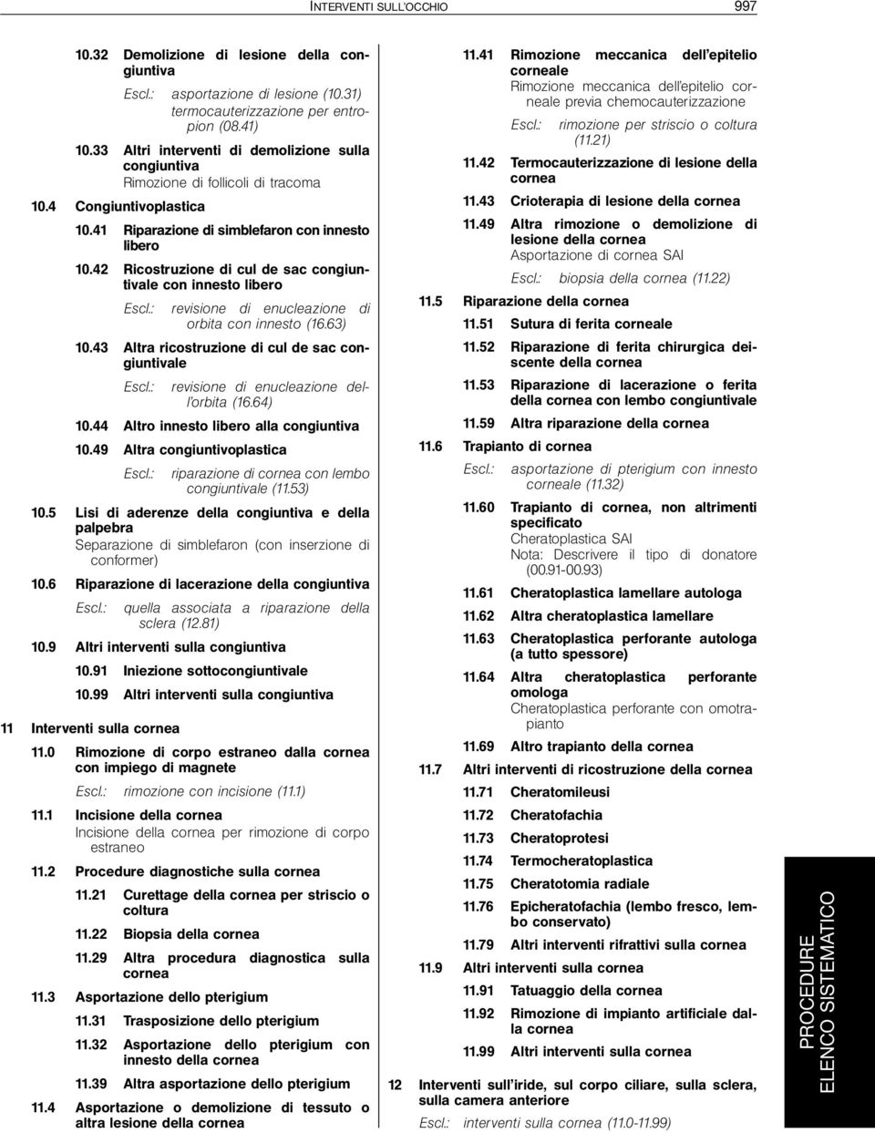 42 Ricostruzione di cul de sac congiuntivale con innesto libero Escl.: revisione di enucleazione di orbita con innesto (16.63) 10.43 Altra ricostruzione di cul de sac congiuntivale Escl.