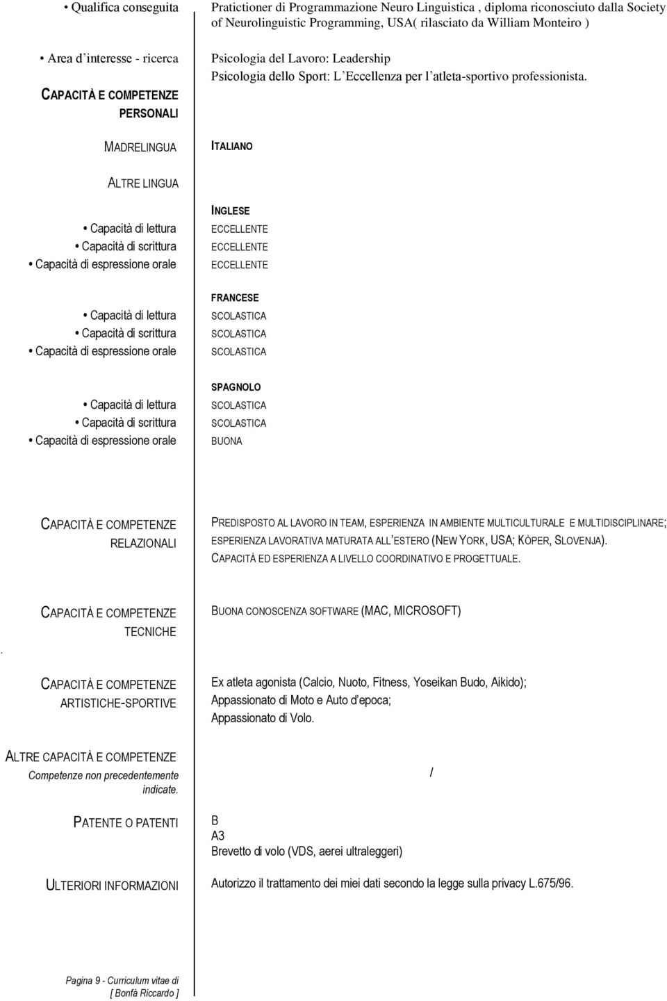 ITALIANO ALTRE LINGUA Capacità di lettura Capacità di scrittura Capacità di espressione orale INGLESE ECCELLENTE ECCELLENTE ECCELLENTE Capacità di lettura Capacità di scrittura Capacità di