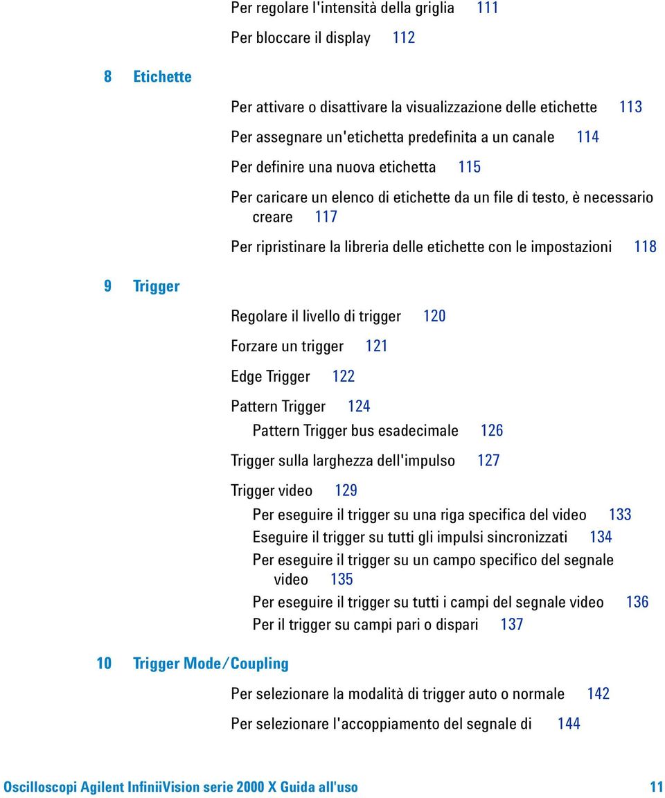 Trigger 10 Trigger Mode/Coupling Regolare il livello di trigger 120 Forzare un trigger 121 Edge Trigger 122 Pattern Trigger 124 Pattern Trigger bus esadecimale 126 Trigger sulla larghezza