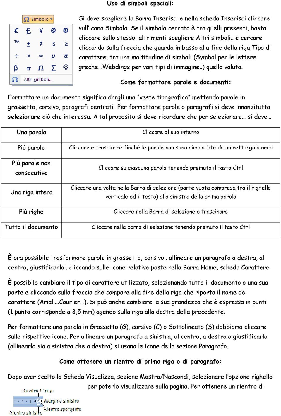 . e cercare cliccando sulla freccia che guarda in basso alla fine della riga Tipo di carattere, tra una moltitudine di simboli (Symbol per le lettere greche Webdings per vari tipi di immagine.