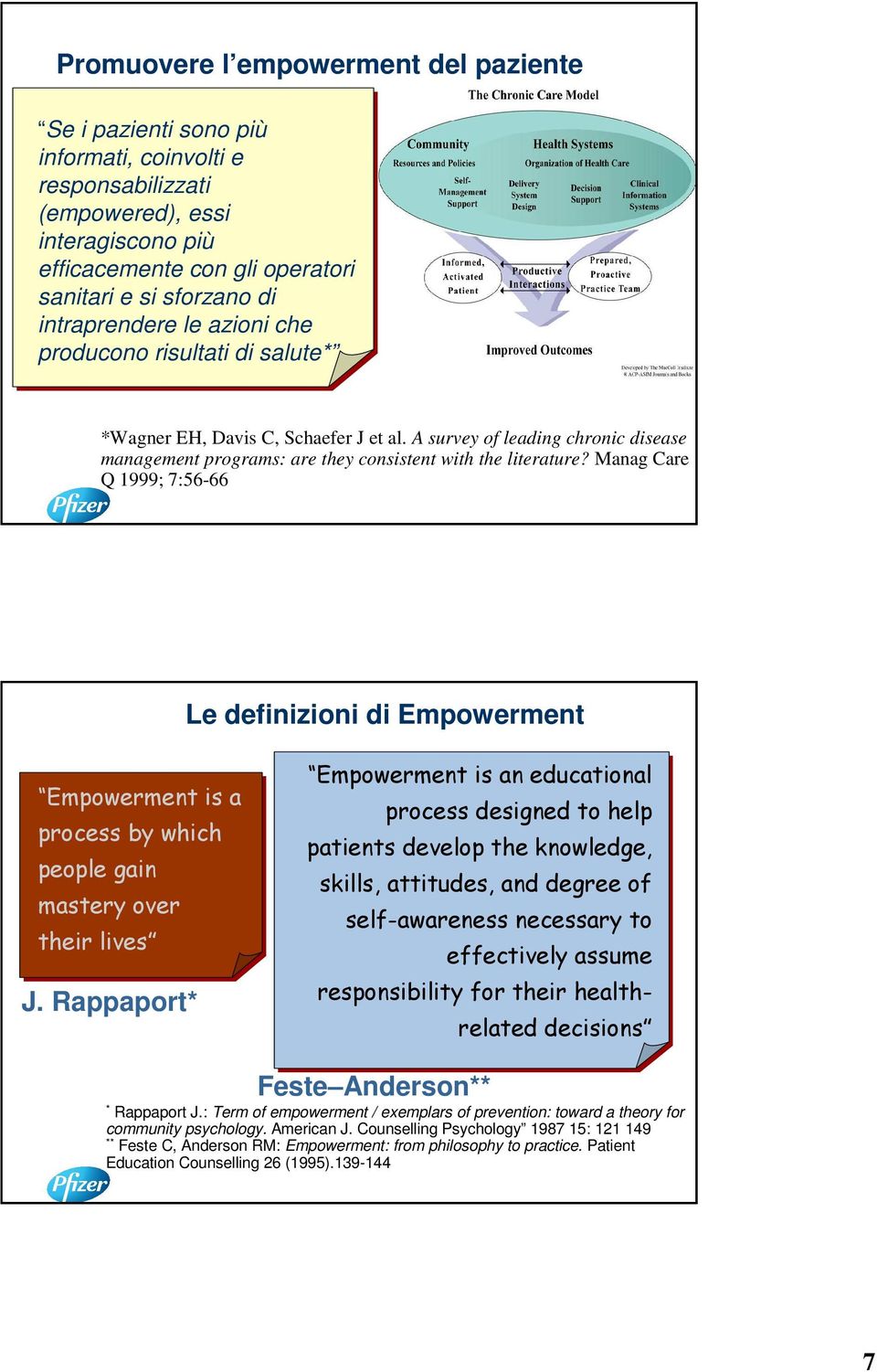 Manag Care Q 1999; 7:56-66 Le definizioni di Empowerment Empowerment is a process by which people gain mastery over their lives J.