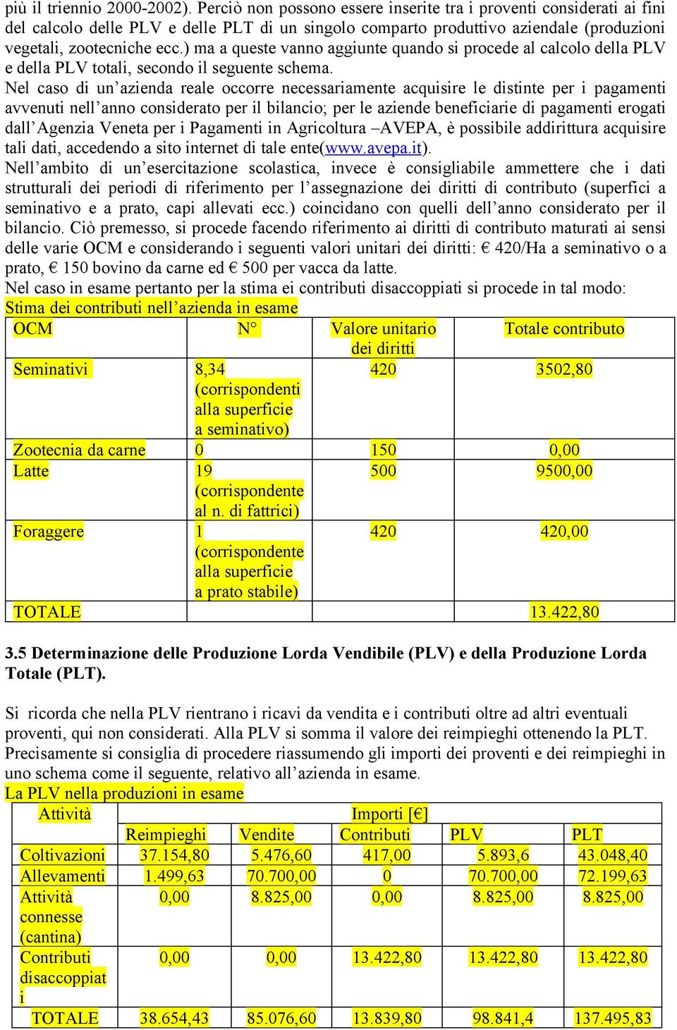 ) ma a queste vanno aggiunte quando si procede al calcolo della PLV e della PLV totali, secondo il seguente schema.