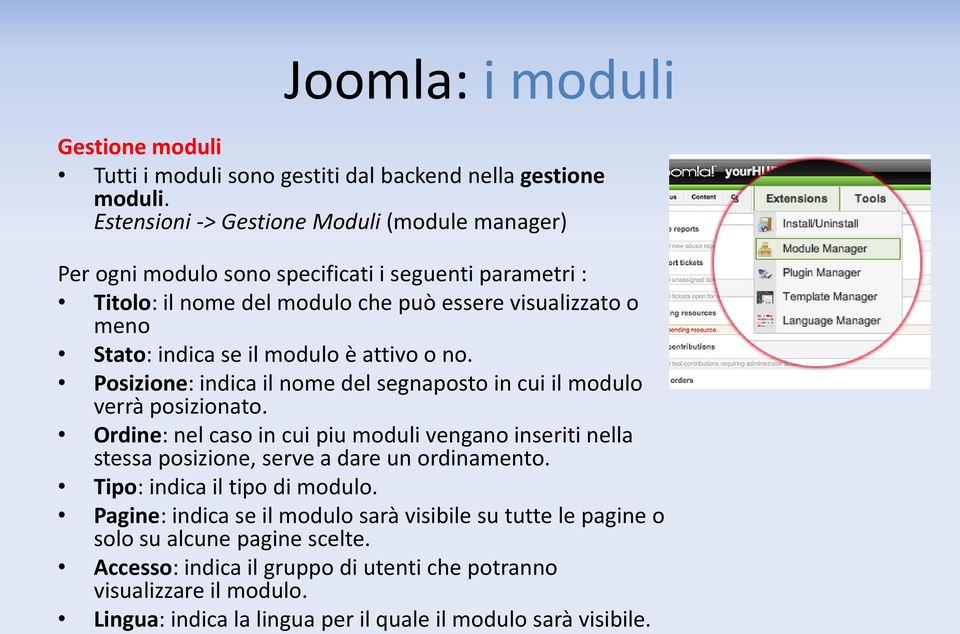 modulo è attivo o no. Posizione: indica il nome del segnaposto in cui il modulo verrà posizionato.