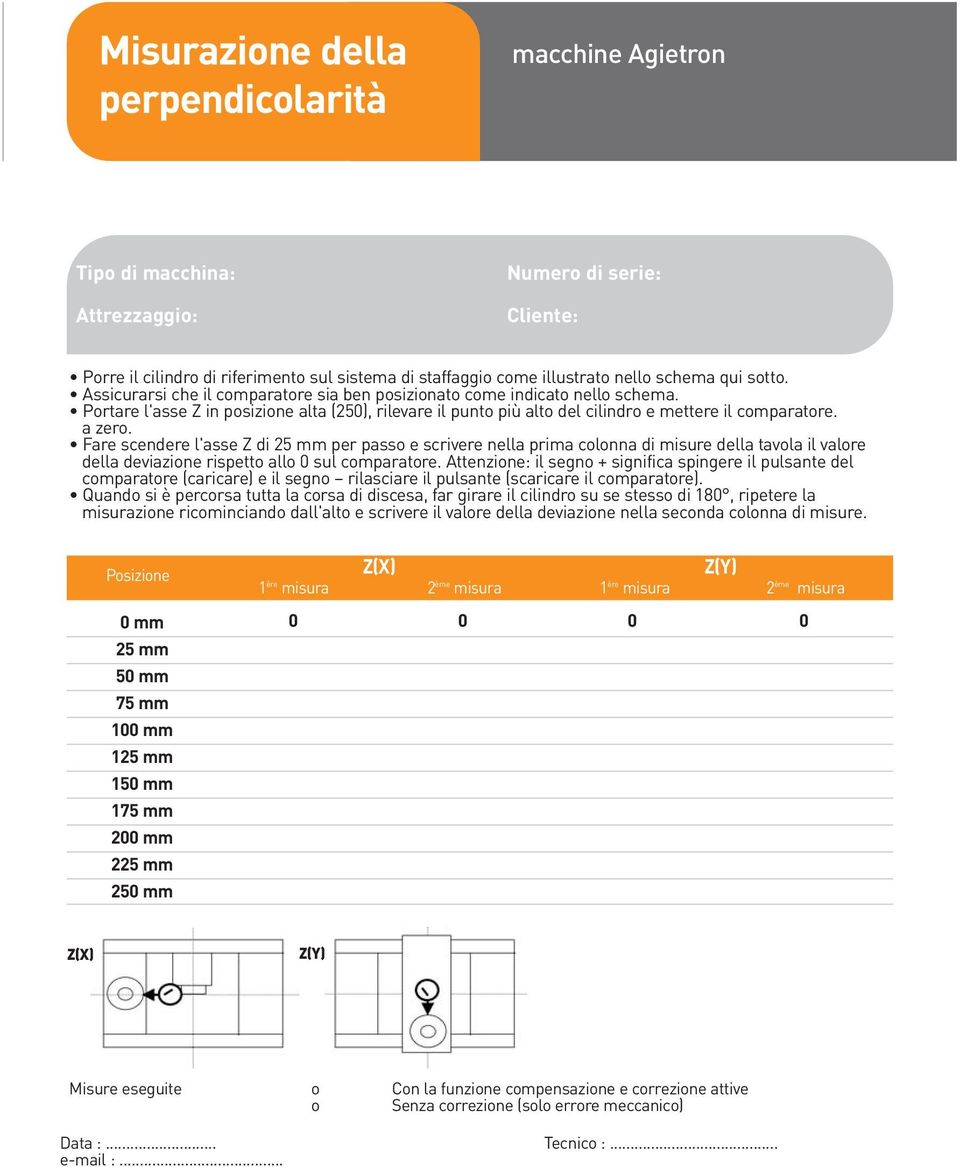 a zero. Fare scendere l'asse Z di 25 mm per passo e scrivere nella prima colonna di misure della tavola il valore della deviazione rispetto allo 0 sul comparatore.