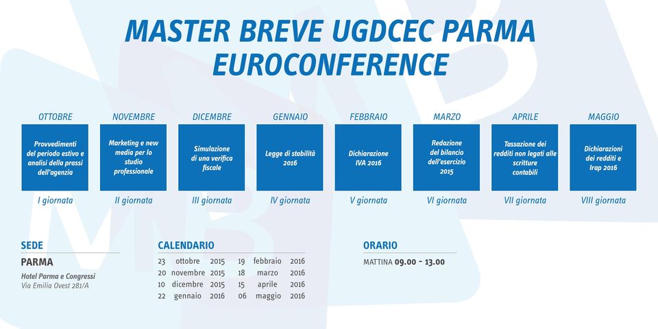 legati alle scritture contabili Dichiarazioni dei redditi e Irap 2016 I giornata II giornata III giornata IV giornata V giornata VI giornata VII giornata VIII giornata SEDE CALENDARIO ORARIO