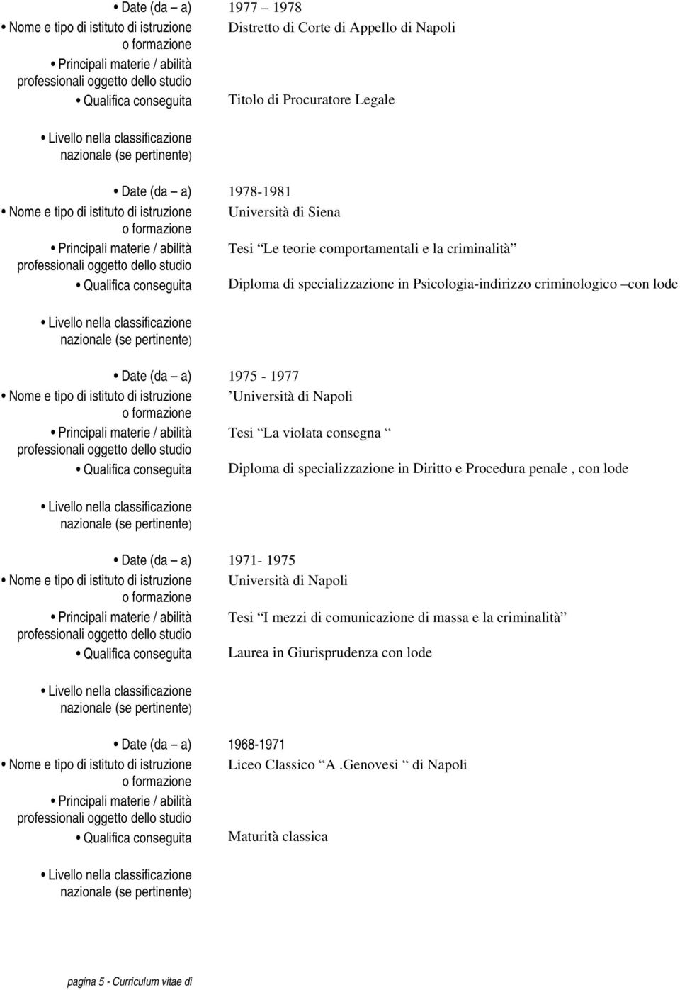 criminologico con lode 1975-1977 Nome e tipo di istituto di istruzione Università di Napoli Principali materie / abilità Tesi La violata consegna Qualifica conseguita Diploma di specializzazione in