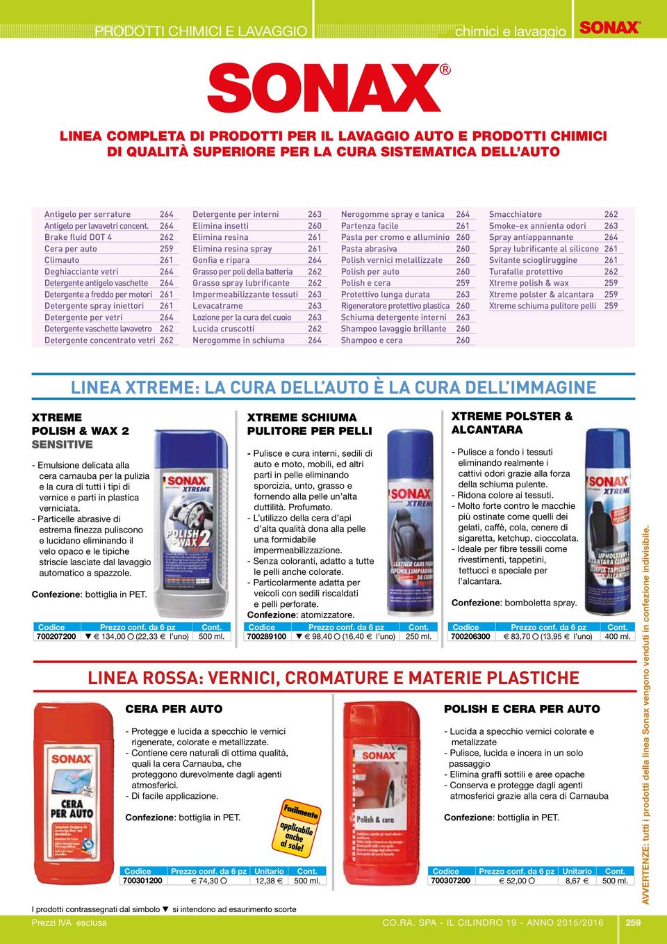 264 Brake fluid DOT 4 262 Cera per auto 259 Climauto 26 Deghiacciante vetri 264 Detergente antigelo vaschette 264 Detergente a freddo per motori 26 Detergente spray iniettori 26 Detergente per vetri