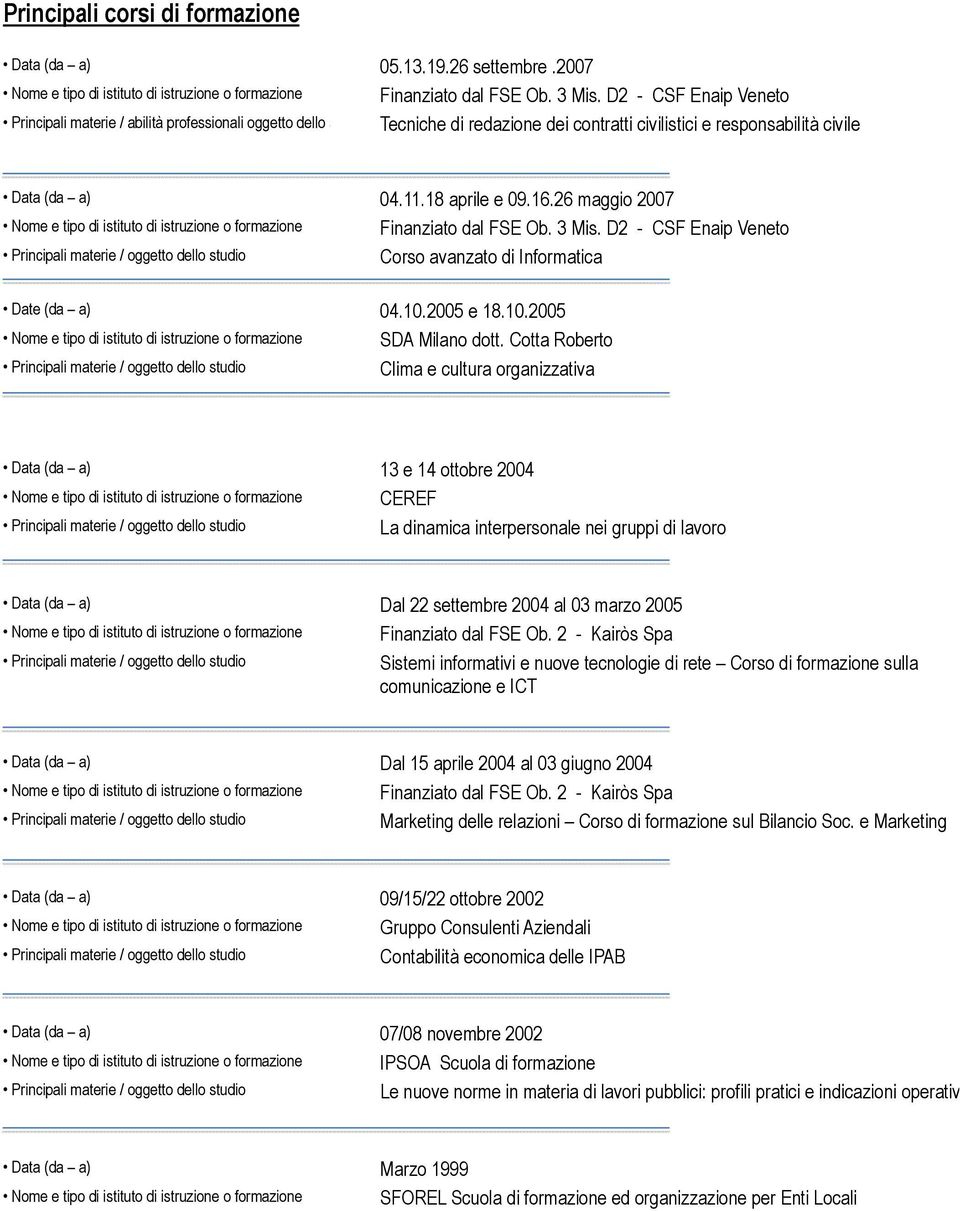 D2 - CSF Enaip Veneto Corso avanzato di Informatica Date (da a) 04.10.2005 e 18.10.2005 SDA Milano dott.