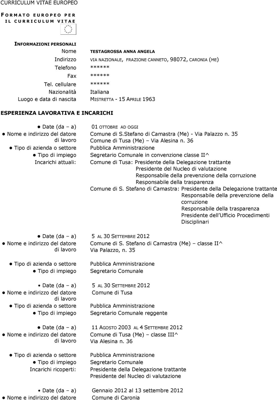 cellulare ****** Nazionalità Italiana Luogo e data di nascita MISTRETTA - 15 APRILE 1963 ESPERIENZA LAVORATIVA E INCARICHI Date (da a) Incarichi attuali: 01 OTTOBRE AD OGGI Comune di S.