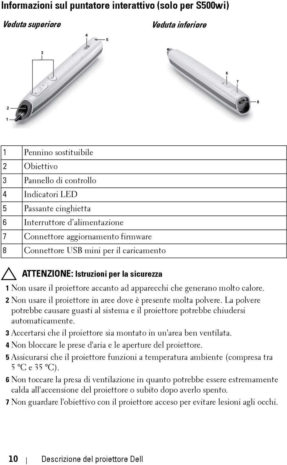 apparecchi che generano molto calore. 2 Non usare il proiettore in aree dove è presente molta polvere. La polvere potrebbe causare guasti al sistema e il proiettore potrebbe chiudersi automaticamente.