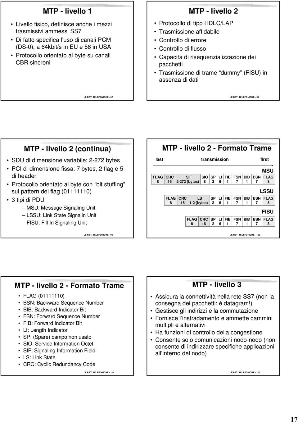 in assenza di dati LE RETI TELEFONICHE - 97 LE RETI TELEFONICHE - 98 MTP - livello 2 (continua) SDU di dimensione variabile: 2-272 bytes PCI di dimensione fissa: 7 bytes, 2 flag e 5 di header