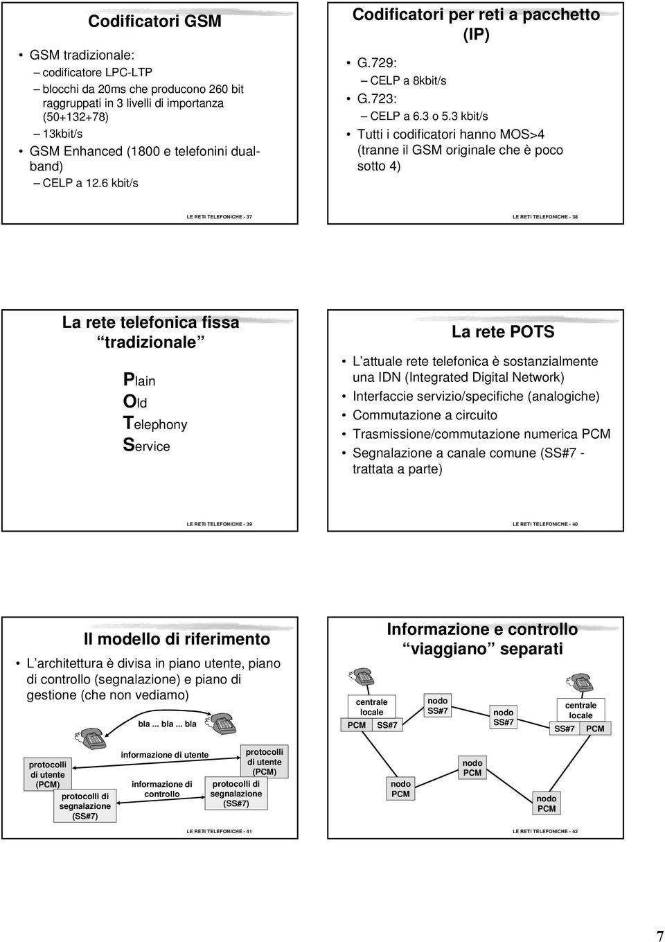 3 kbit/s Tutti i codificatori hanno MOS>4 (tranne il GSM originale che è poco sotto 4) LE RETI TELEFONICHE - 37 LE RETI TELEFONICHE - 38 La rete telefonica fissa tradizionale Plain Old Telephony