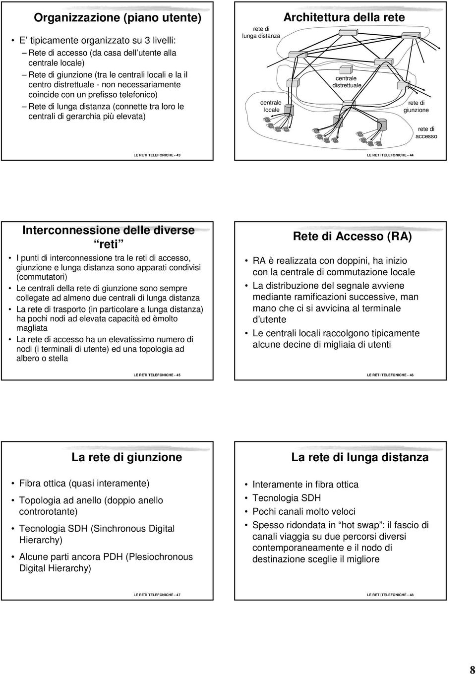 rete di giunzione rete di accesso LE RETI TELEFONICHE - 43 LE RETI TELEFONICHE - 44 Interconnessione delle diverse reti I punti di interconnessione tra le reti di accesso, giunzione e lunga distanza