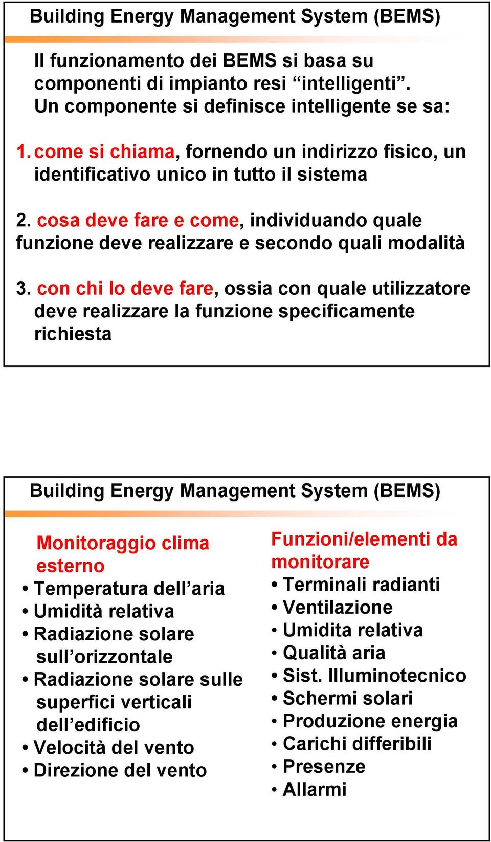 con chi lo deve fare, ossia con quale utilizzatore deve realizzare la funzione specificamente richiesta Building Energy Management System (BEMS) Monitoraggio clima esterno Temperatura dell aria