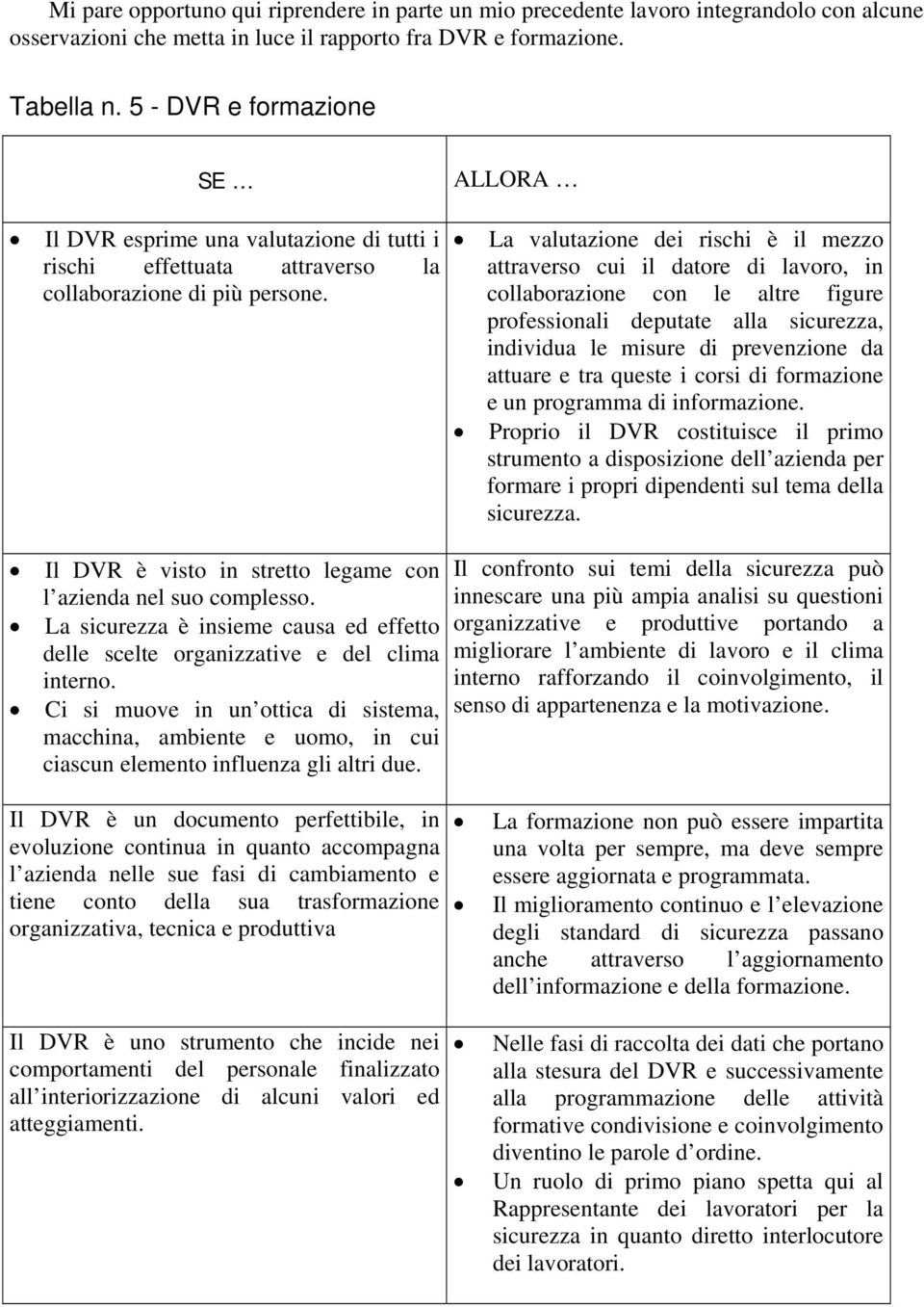 Il DVR è visto in stretto legame con l azienda nel suo complesso. La sicurezza è insieme causa ed effetto delle scelte organizzative e del clima interno.