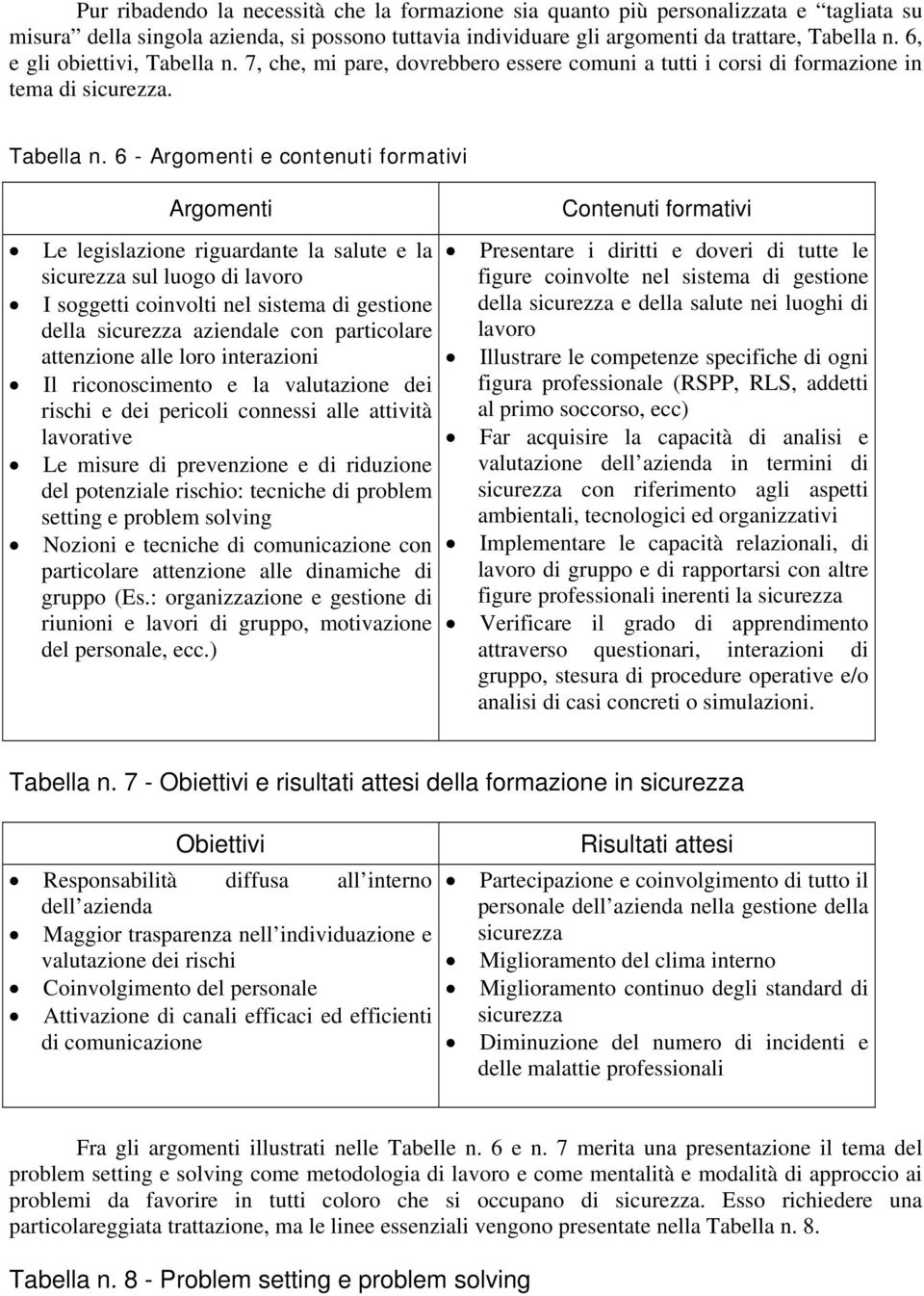 7, che, mi pare, dovrebbero essere comuni a tutti i corsi di formazione in tema di sicurezza. Tabella n.