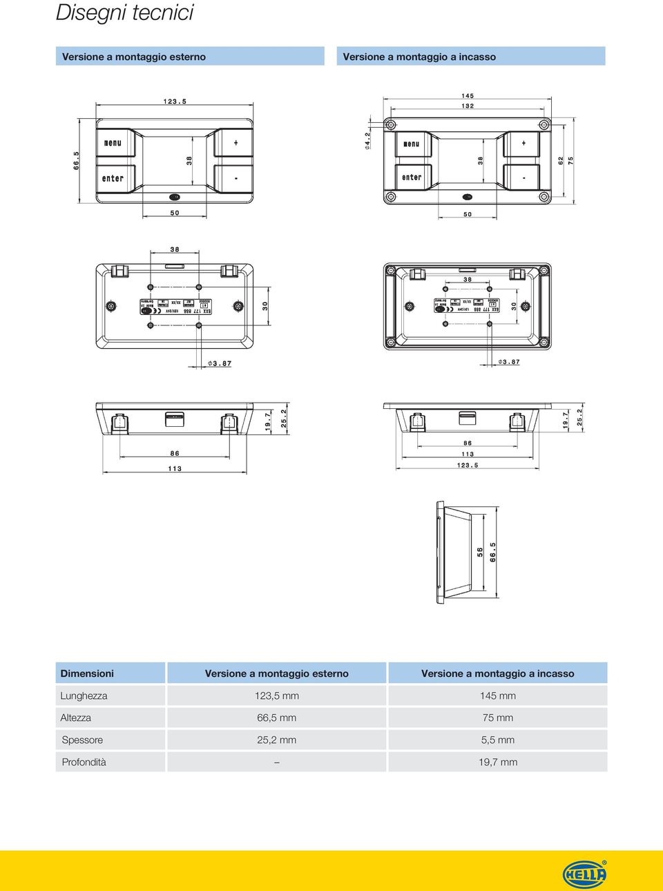 Versione a montaggio a incasso Lunghezza 123,5 mm 145 mm