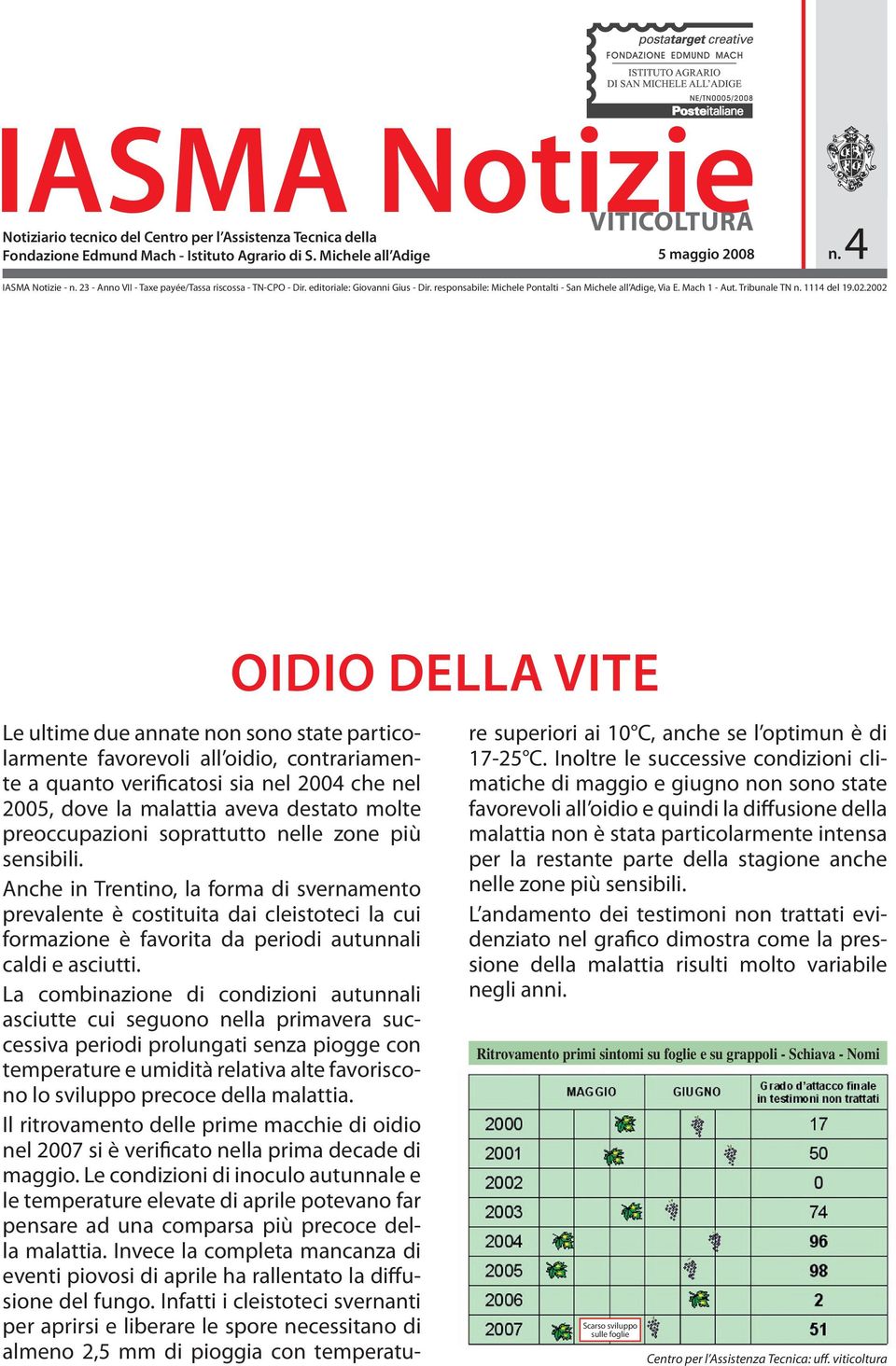 2002 OIDIO DELLA VITE Le ultime due annate non sono state particolarmente favorevoli all oidio, contrariamente a quanto verificatosi sia nel 2004 che nel 2005, dove la malattia aveva destato molte