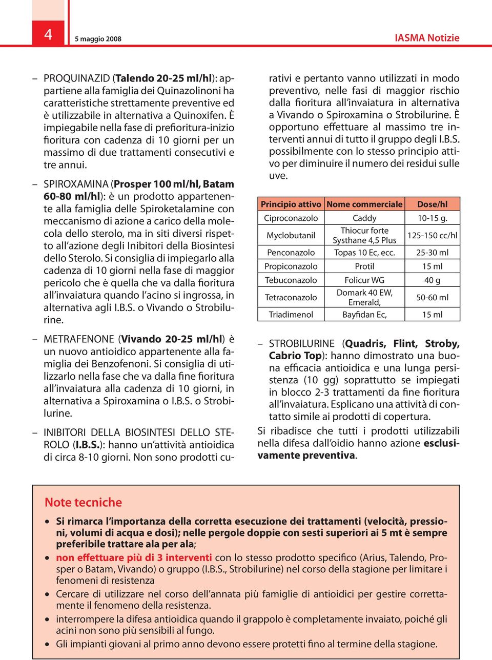 SPIROXAMINA (Prosper 100 ml/hl, Batam 60-80 ml/hl): è un prodotto appartenente alla famiglia delle Spiroketalamine con meccanismo di azione a carico della molecola dello sterolo, ma in siti diversi