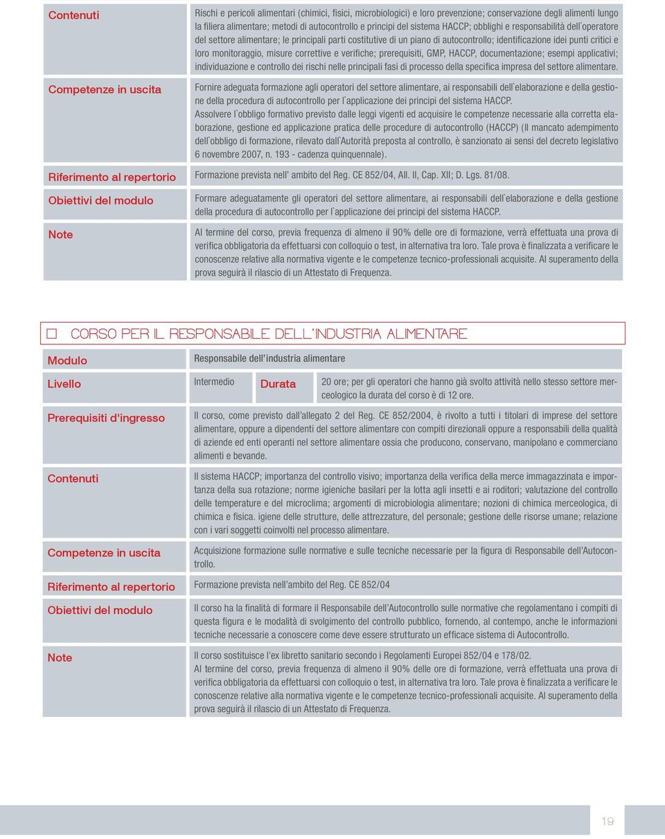 correttive e verifi che; prerequisiti, GMP, HACCP, documentazione; esempi applicativi; individuazione e controllo dei rischi nelle principali fasi di processo della specifi ca impresa del settore