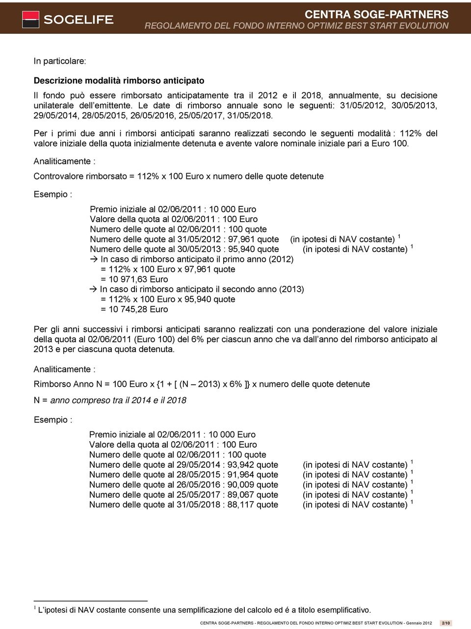 Per i primi due anni i rimborsi anticipati saranno realizzati secondo le seguenti modalità : 112% del valore iniziale della quota inizialmente detenuta e avente valore nominale iniziale pari a Euro