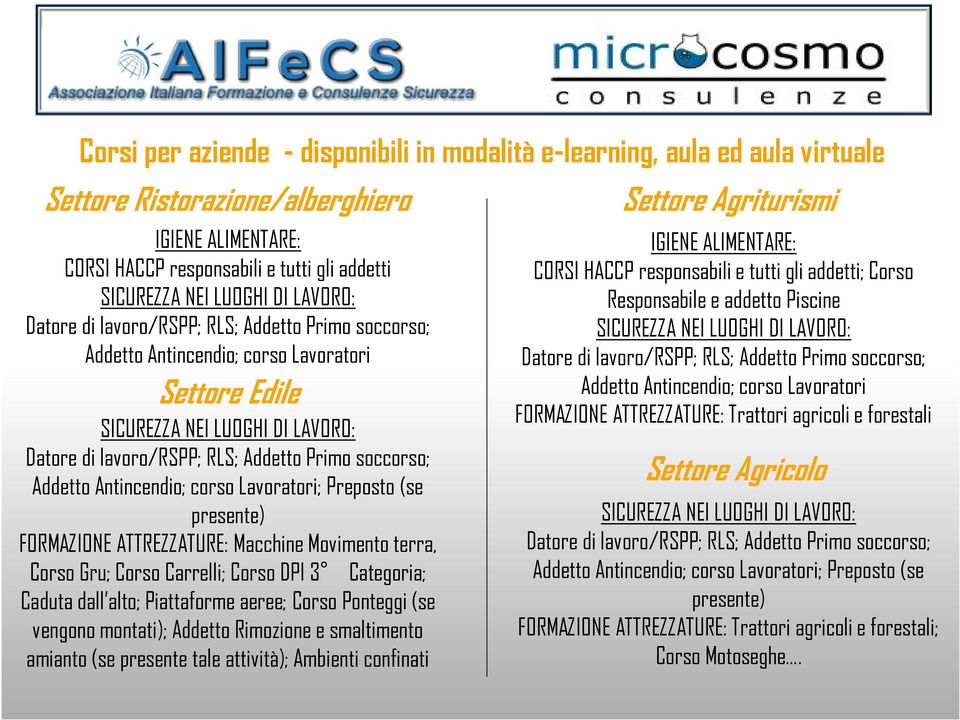 ATTREZZATURE: Trattori agricoli e forestali Settore Edile Addetto Antincendio; corso Lavoratori; Preposto (se presente) FORMAZIONE ATTREZZATURE: Macchine Movimento terra, Corso Gru; Corso Carrelli;