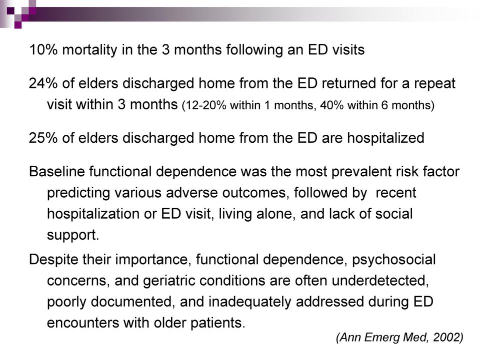 adverse outcomes, followed by recent hospitalization or ED visit, living alone, and lack of social support.