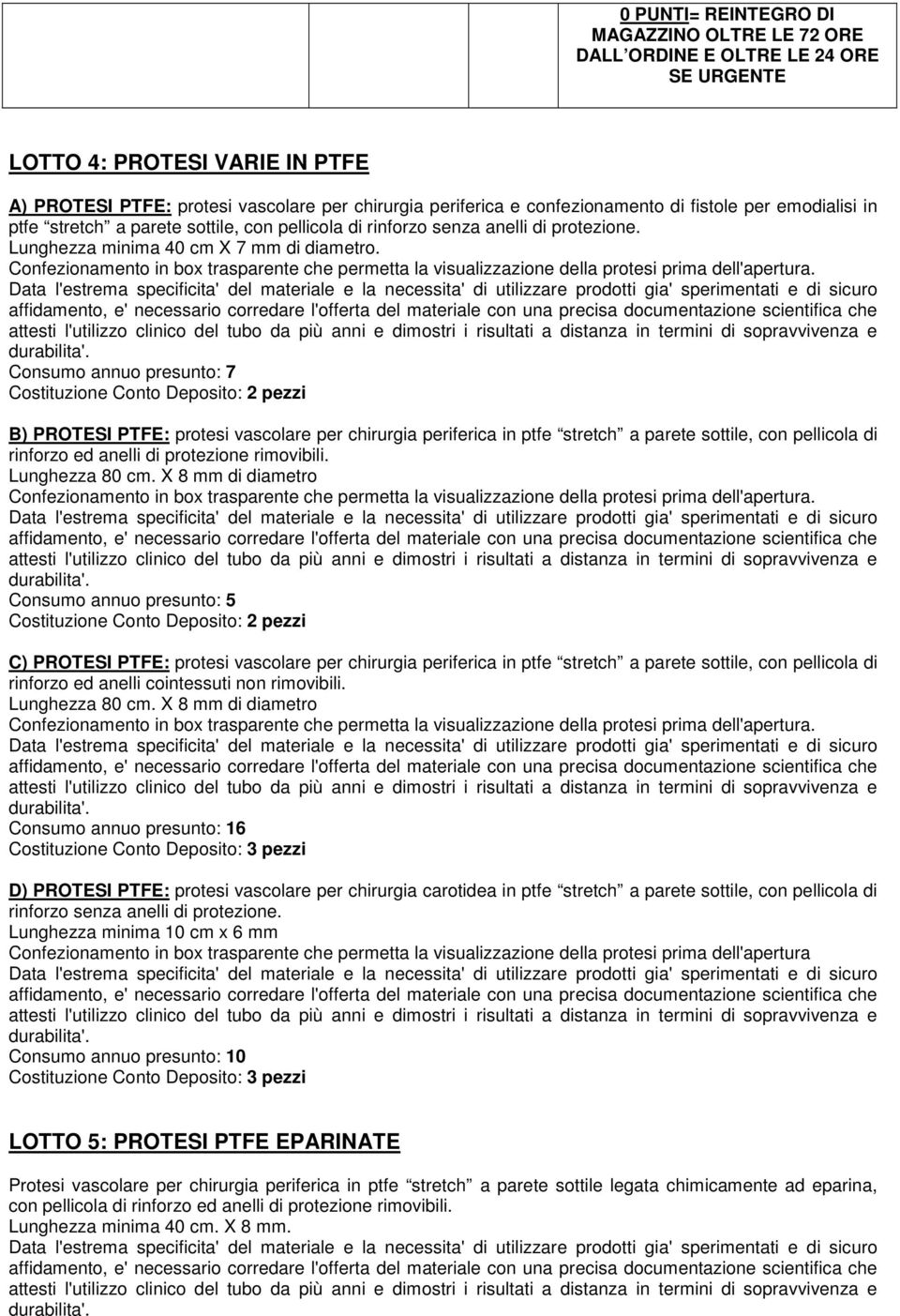 Consumo annuo presunto: 7 B) PROTESI PTFE: protesi vascolare per chirurgia periferica in ptfe stretch a parete sottile, con pellicola di rinforzo ed anelli di protezione rimovibili. Lunghezza 80 cm.