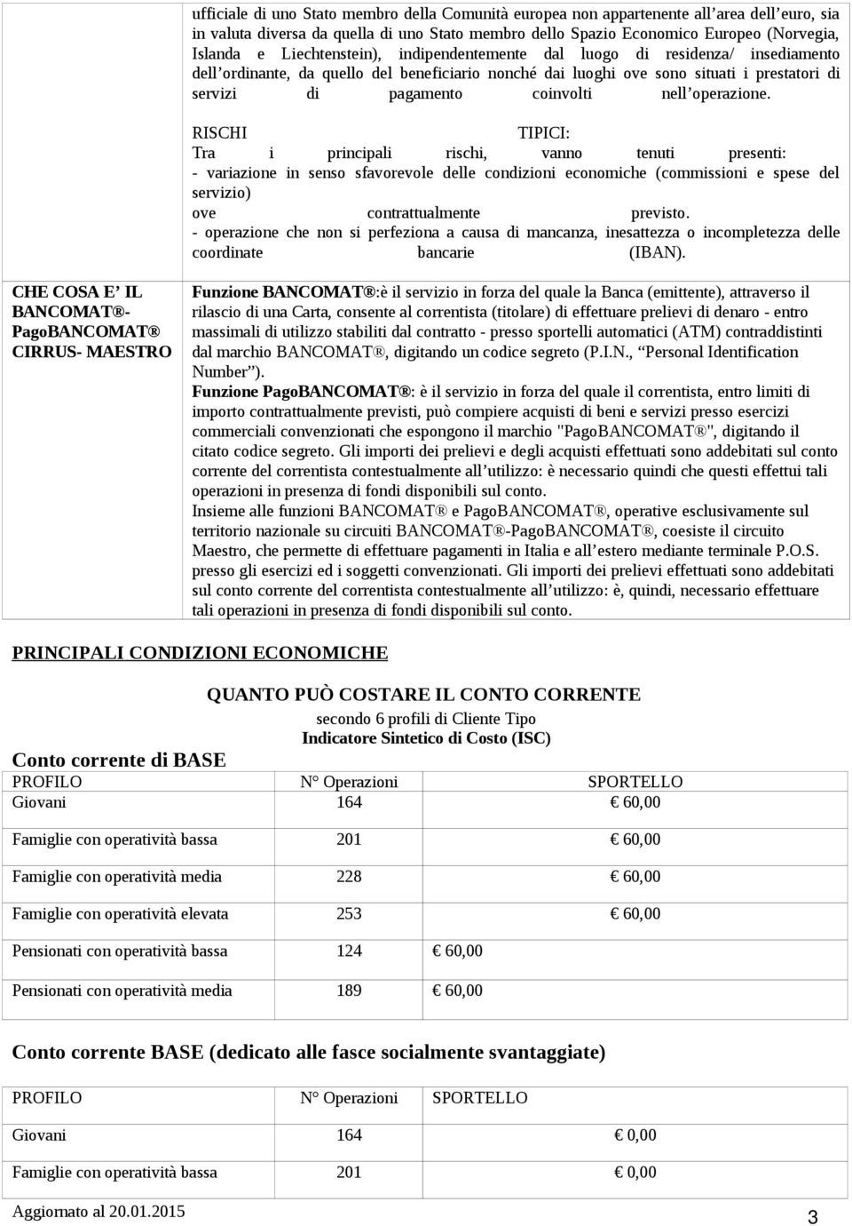 nell operazione. RISCHI TIPICI: Tra i principali rischi, vanno tenuti presenti: - variazione in senso sfavorevole delle condizioni economiche (commissioni e spese del servizio) ove contrattualmente.