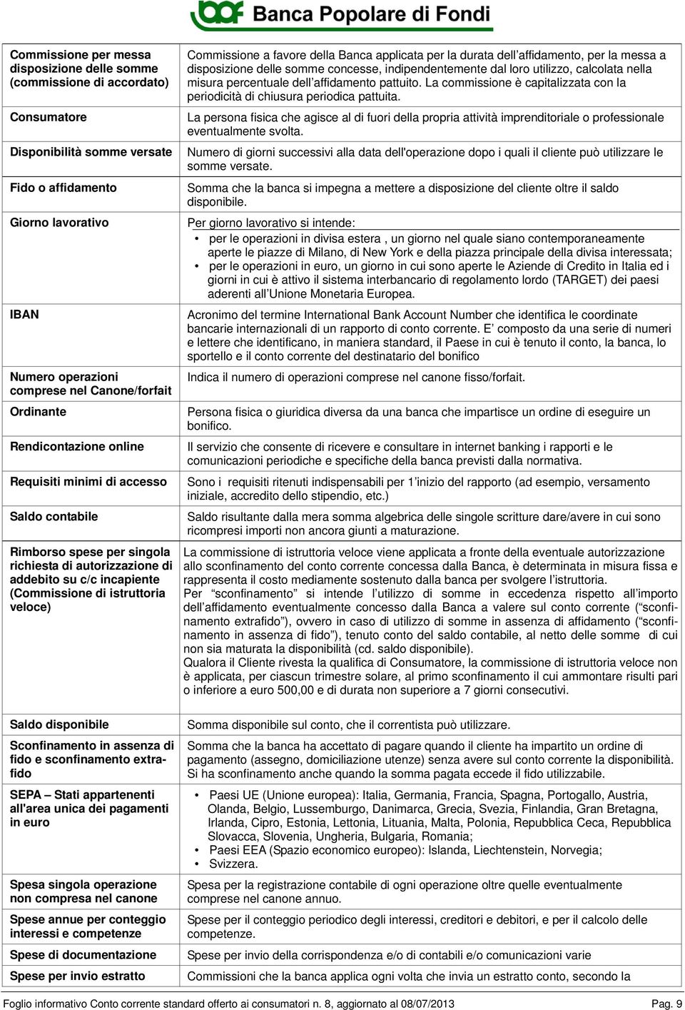 istruttoria veloce) Saldo disponibile Sconfinamento in assenza di fido e sconfinamento extrafido SEPA Stati appartenenti all'area unica dei pagamenti in euro Spesa singola operazione non compresa nel