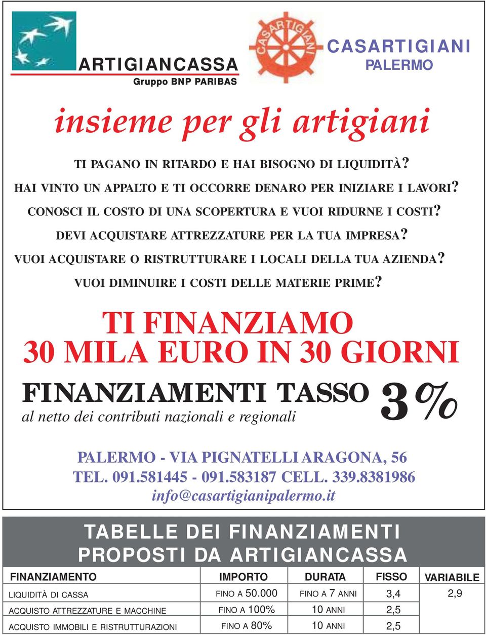 TI FINANZIAMO 30 MIA UO IN 30 GIONI FINANZIAMNTI TASSO al netto dei contributi nazionali e regionali 3% PAMO - VIA PIGNATI AAGONA, 56 T. 091.581445-091.583187 C. 339.