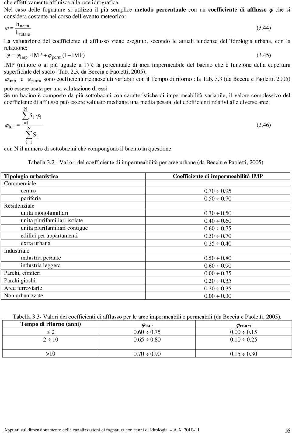 45) IMP (mior o al più ugual a ) è la prual di ara imprmabil dl baio h è fuzio dlla oprura suprfiial dl suolo (Tab..3, da Biu Paoli, 5).