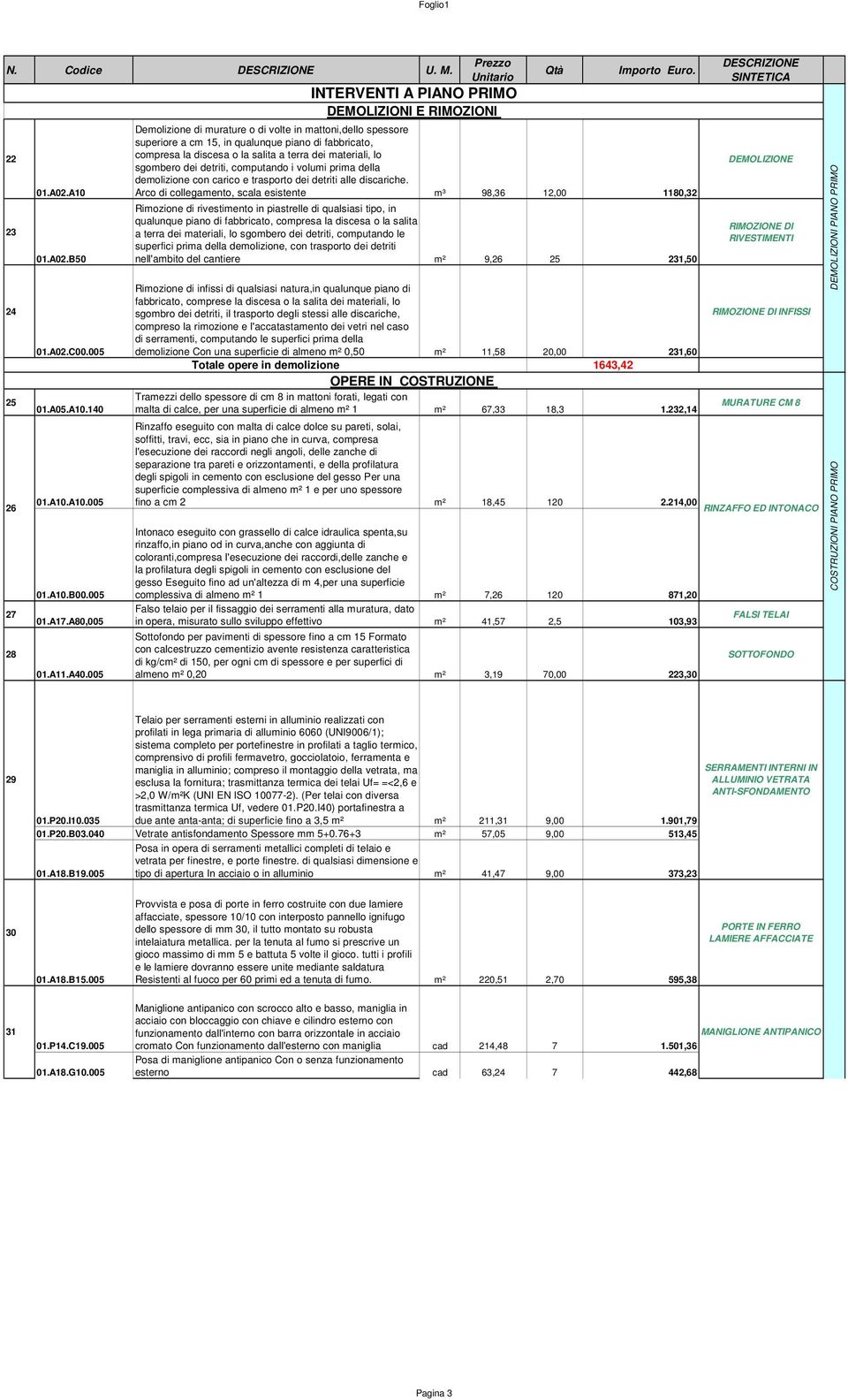 Demolizione di murature o di volte in mattoni,dello spessore superiore a cm 15, in qualunque piano di fabbricato, compresa la discesa o la salita a terra dei materiali, lo sgombero dei detriti,