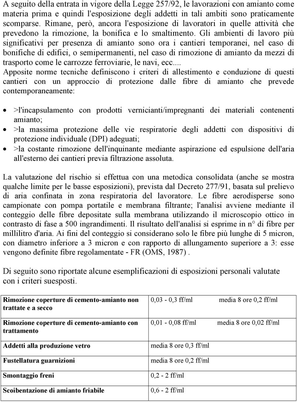 Gli ambienti di lavoro più significativi per presenza di amianto sono ora i cantieri temporanei, nel caso di bonifiche di edifici, o semipermanenti, nel caso di rimozione di amianto da mezzi di