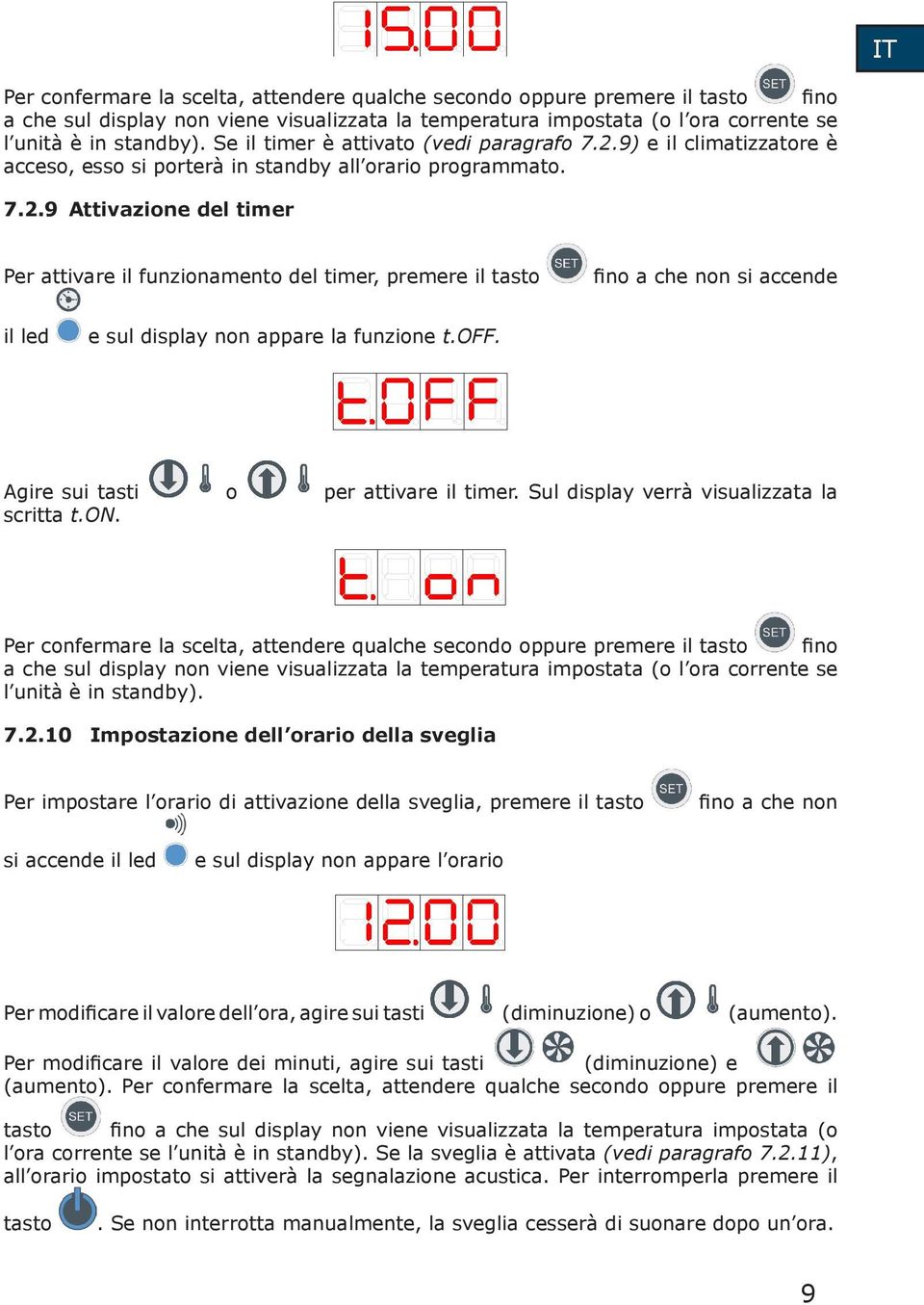 off. Agire sui tasti o per attivare il timer. Sul display verrà visualizzata la scritta t.on.