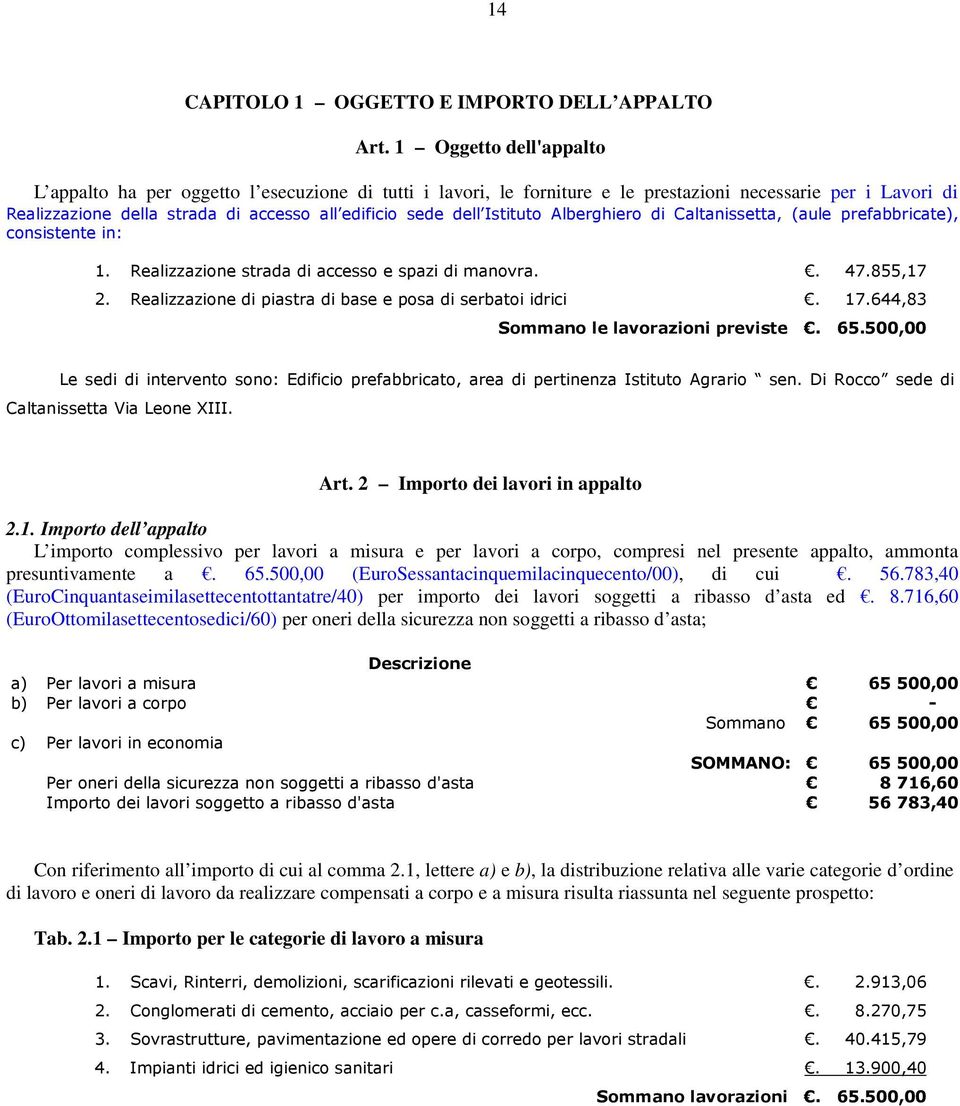 Istituto Alberghiero di Caltanissetta, (aule prefabbricate), consistente in: 1. Realizzazione strada di accesso e spazi di manovra.. 47.855,17 2.